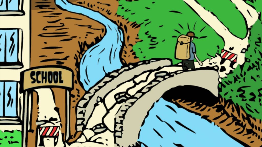 Illustratie van jongen met rugzak die school verlaat en tegen wegversperring oploopt