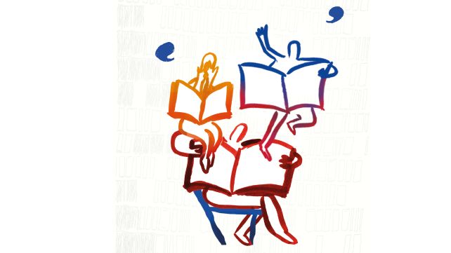 Tekening van figuren die uit boeken voorlezen