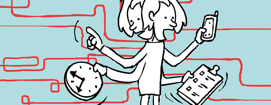 Illustratie van persoon die tegelijk met klok, agenda en telefoon bezig is