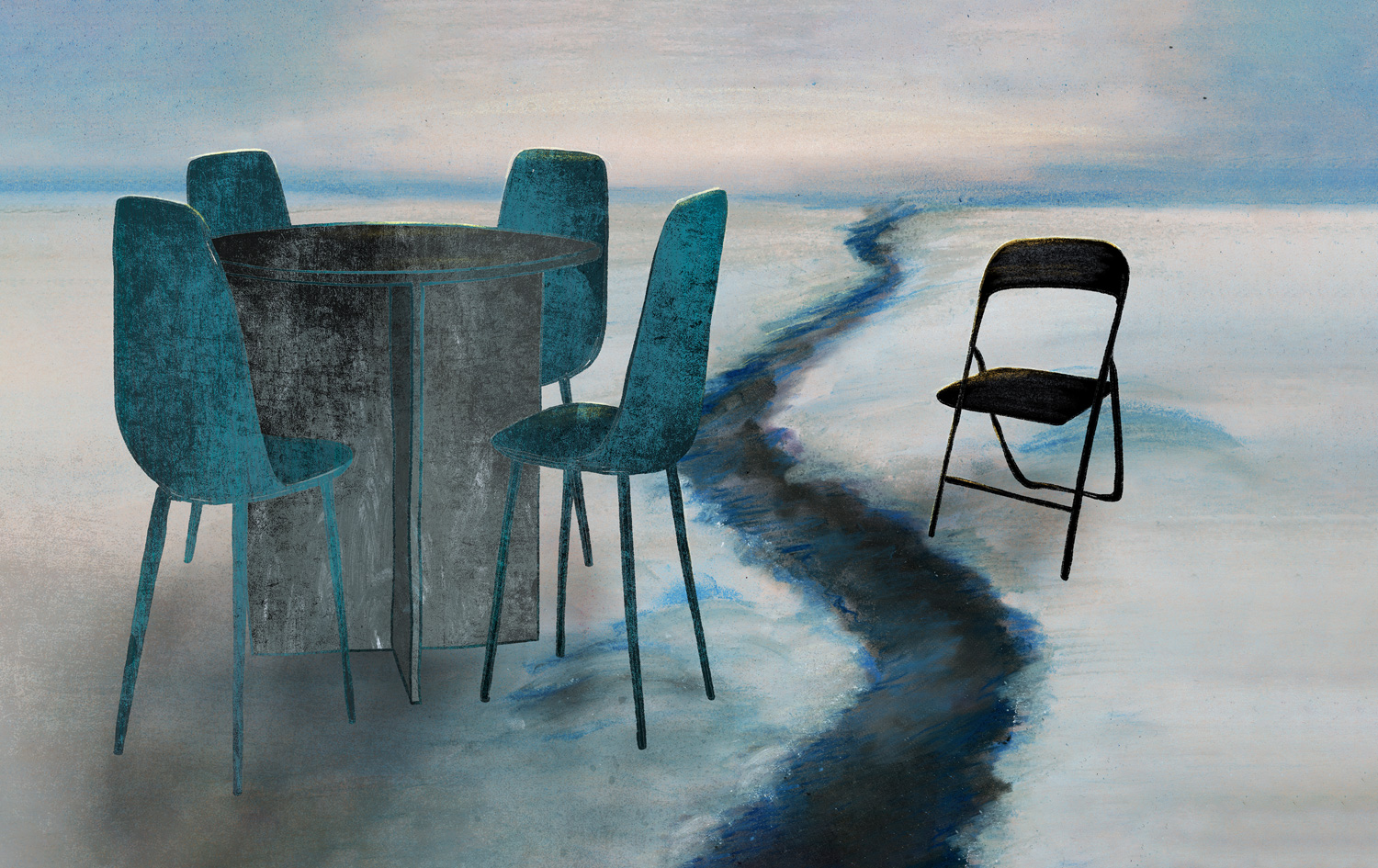 Hoge stoelen rond een tafel, verderop met een duidelijke scheiding ertussen een klapstoel